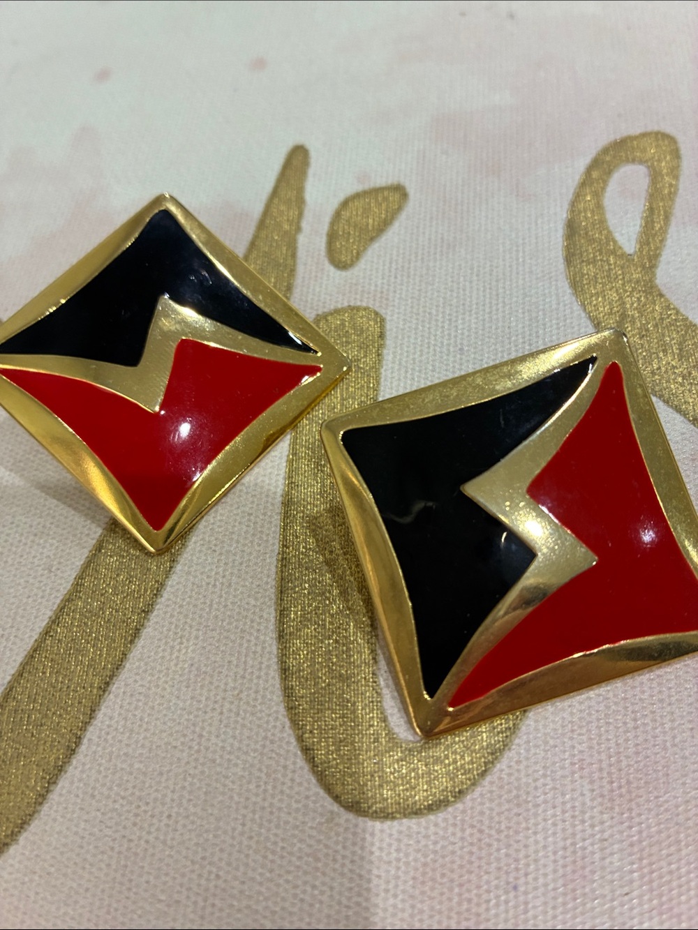 Gold Tone Red & Black Enamel Geometric Pierced Earrings - Women Jewelry